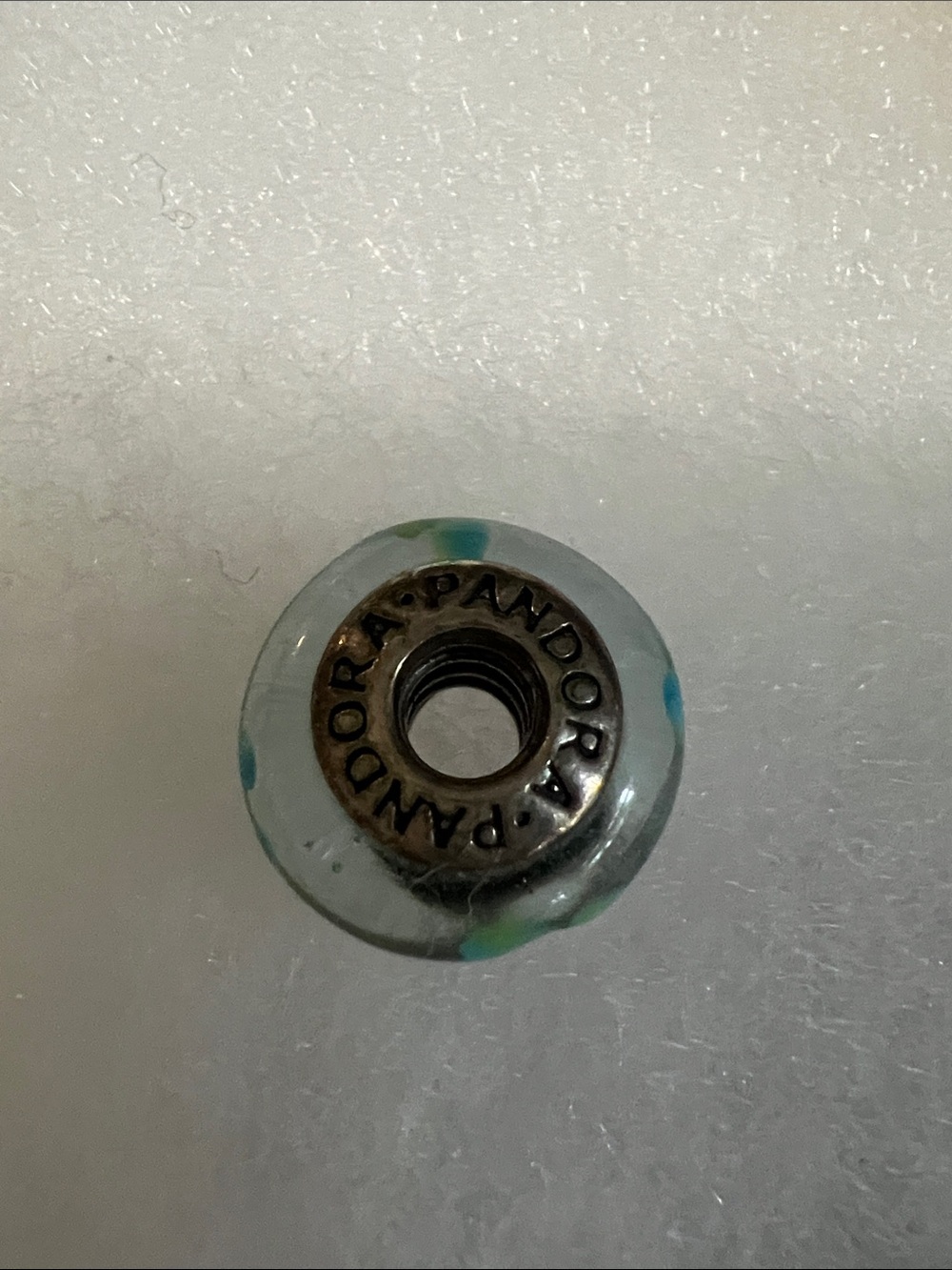 Pandora Pale Blue Murano glass Charm with Aqua & Green Flowers